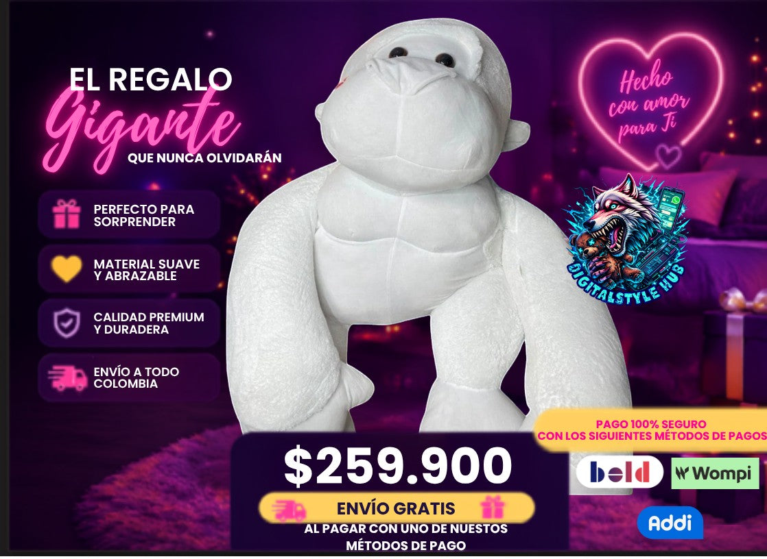 Peluche de gorila blanco de 1.50m de DigitalStyle HUB, extra suave y de algodón siliconado antialergico.