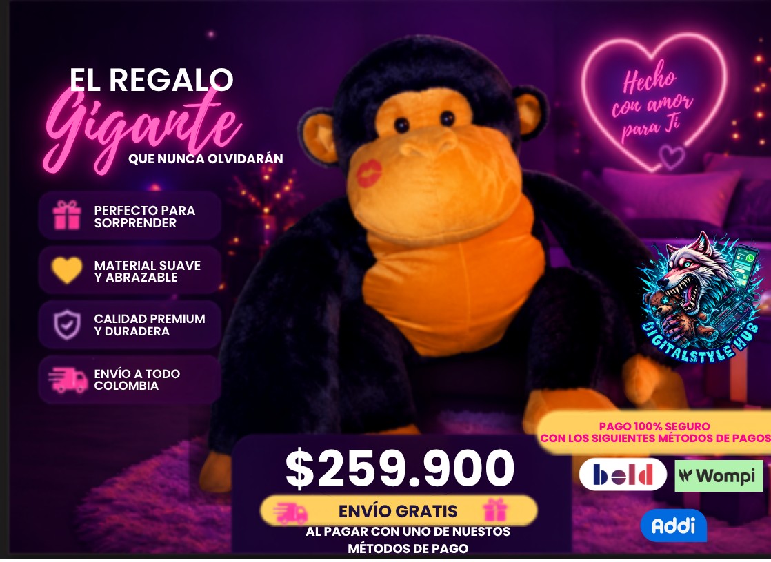 Peluche de gorila gigante de pelaje negro y naranja, 1.50m, extra suave, relleno de algodón siliconado antialergico. DigitalStyle HUB.